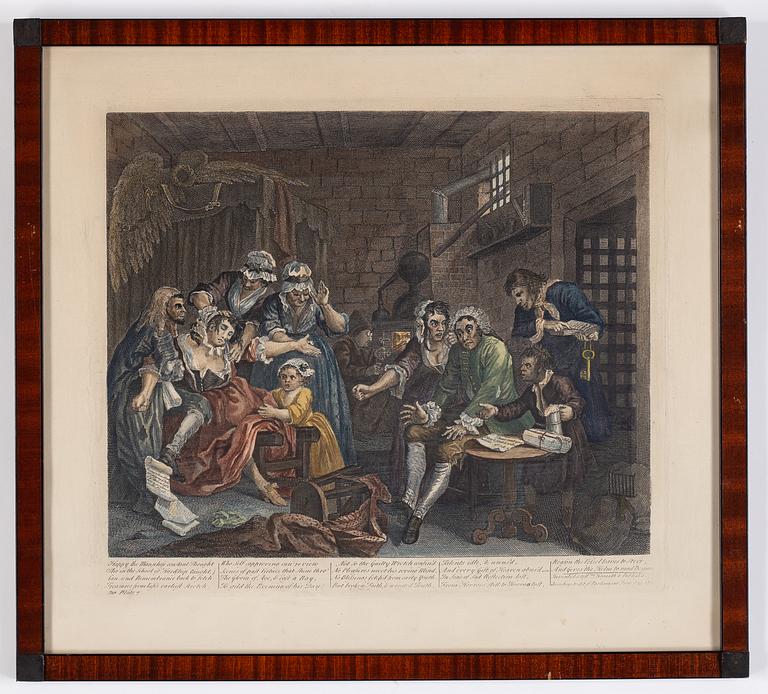 William Hogarth, efter, åtta stycken kolorerade etsningar och gravyrer.