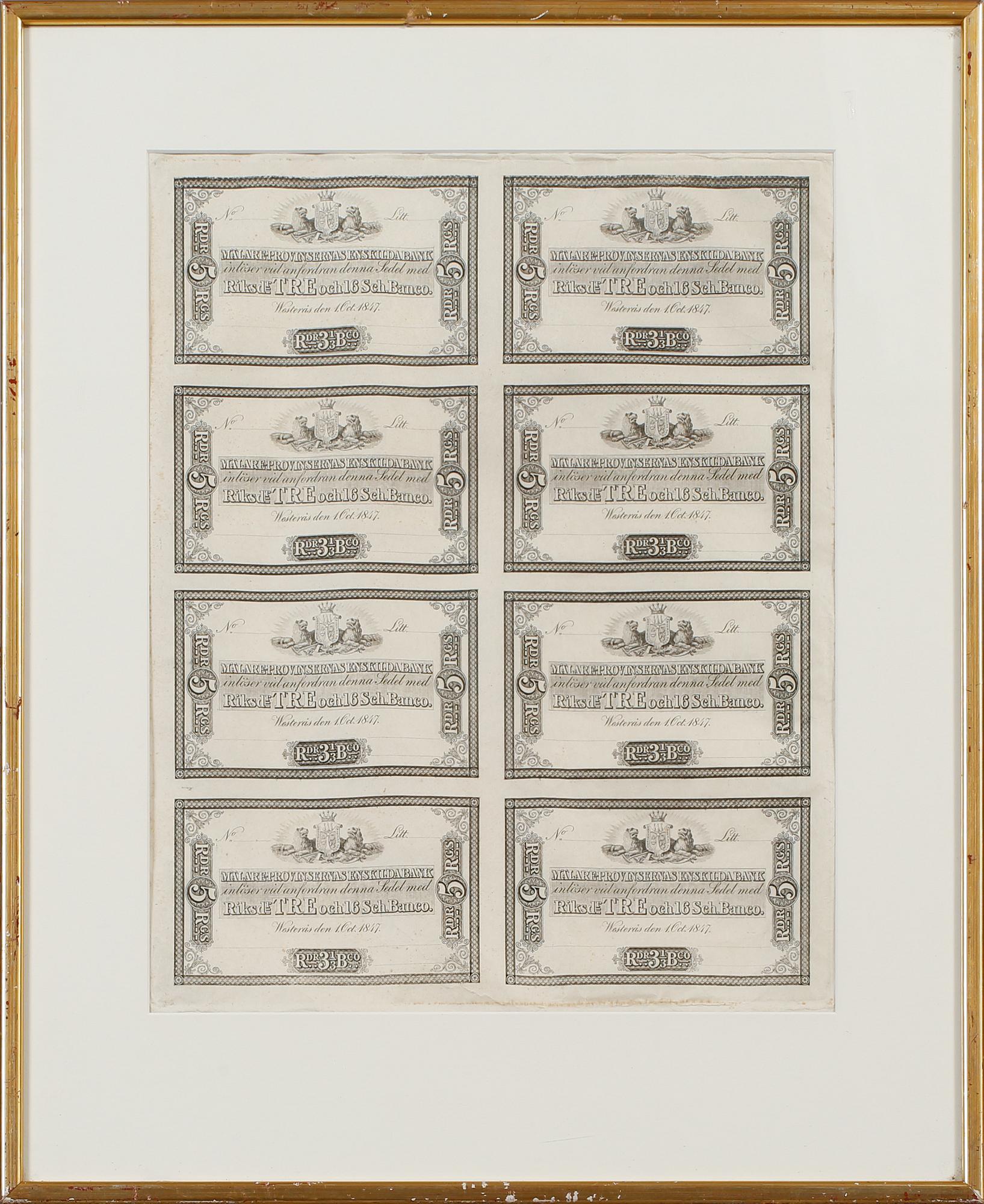 PRIVATBANKSEDLAR, Mälareprovinsernas Enskilda Bank, daterade 1847.