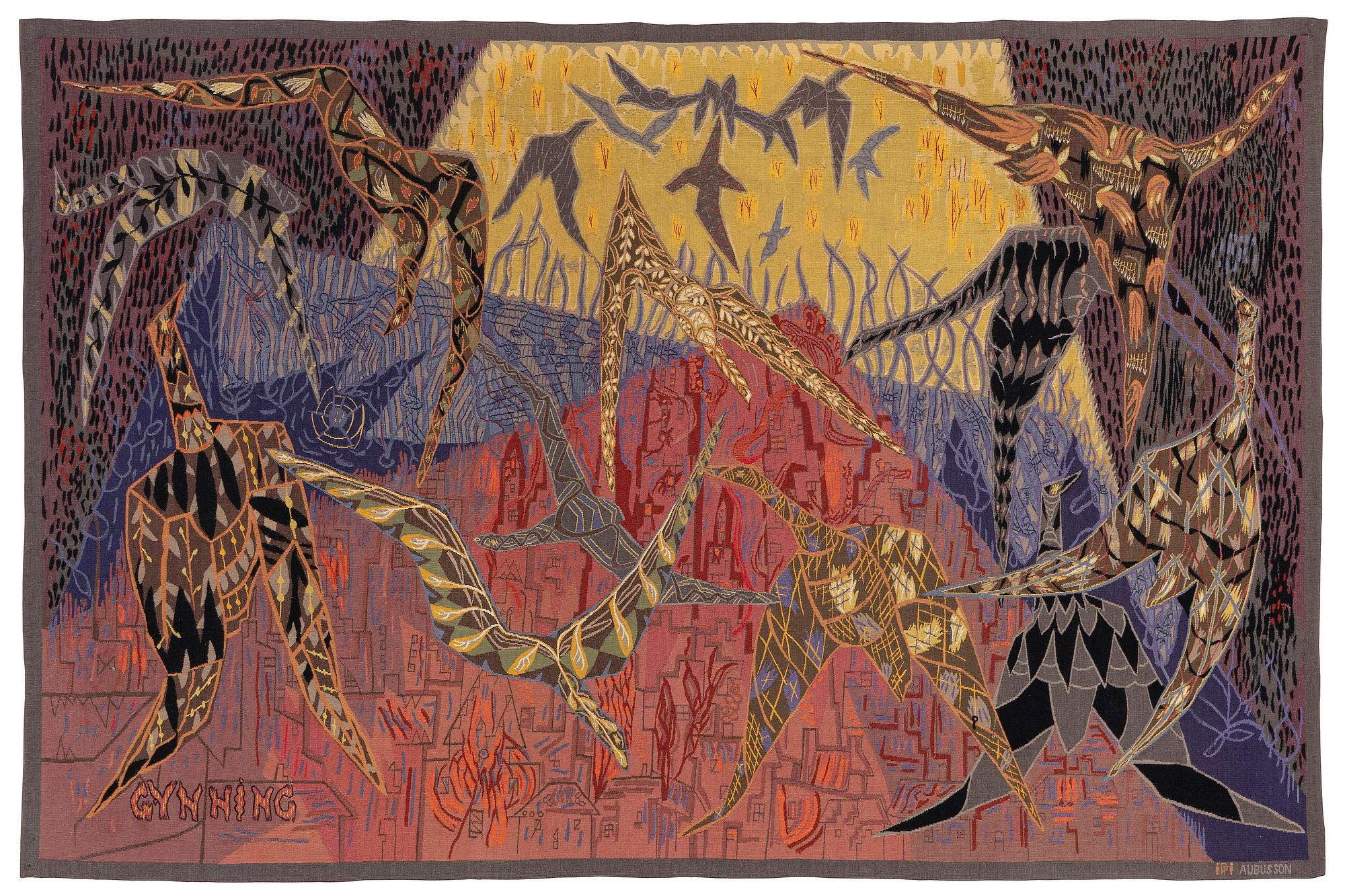Lars Gynning, vävd tapet "Flyttfåglar", gobelängteknik, ca 230 x 150 cm, PF Aubusson signerad Gynning.