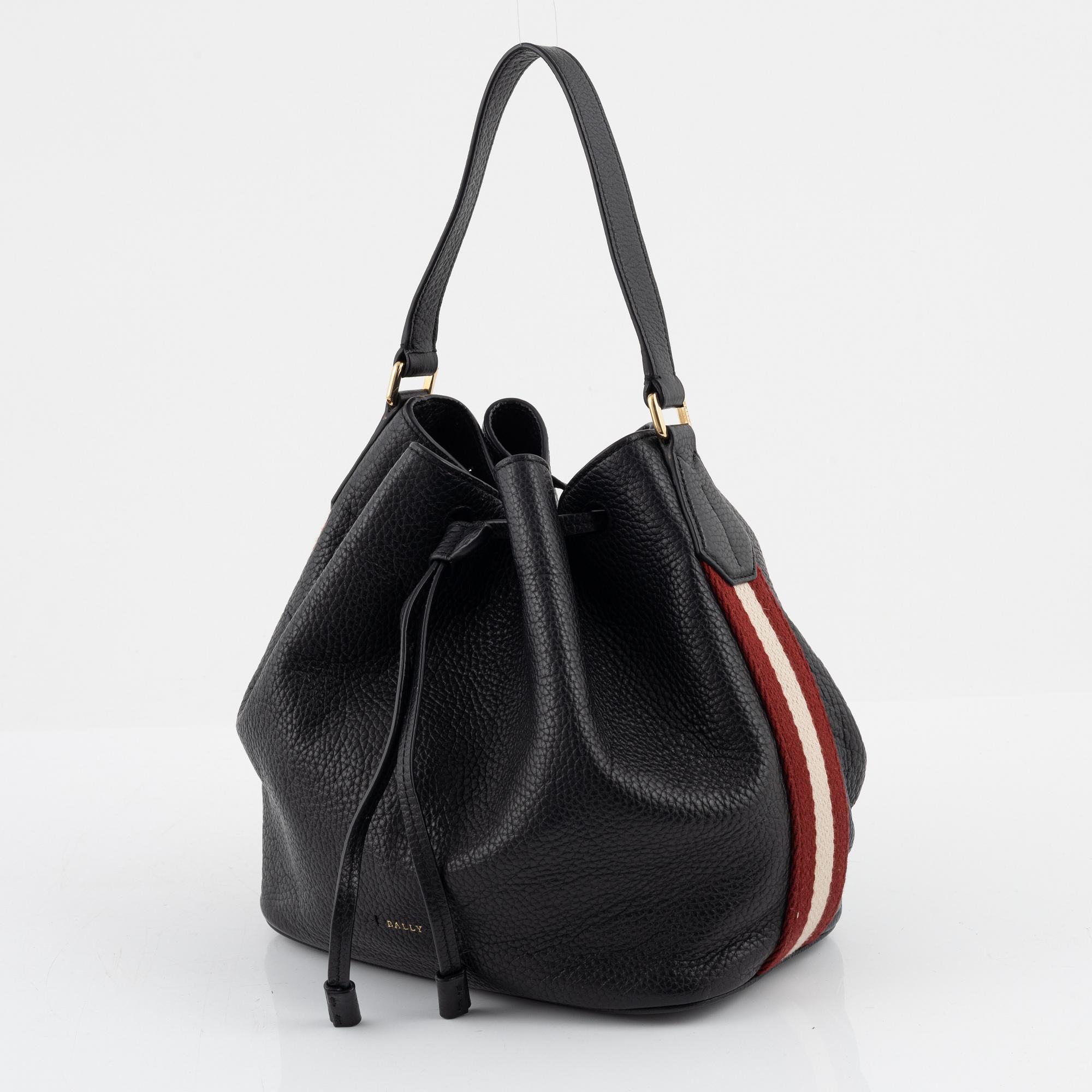Bally, a black leather bucket bag.