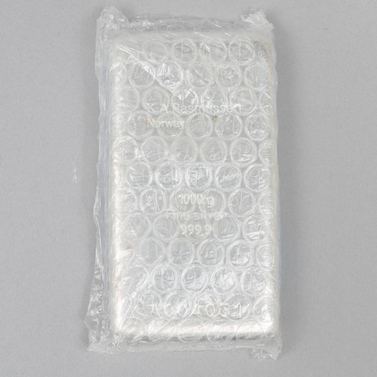 A silver bar, 1000 grams of fine silver, K.A. Rasmussen, Norway.