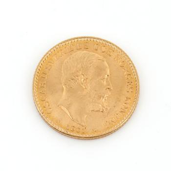 GULDMYNT, 10 kronor, Oscar II, Sverige och Norge 1901. Vikt ca 4,5 g.