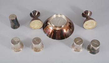 PARTI SILVER, 8 delar, bl a Eric Löfman, 1960-70-tal, Sverige, vikt exklusive ljusstakar ca 473 gram.