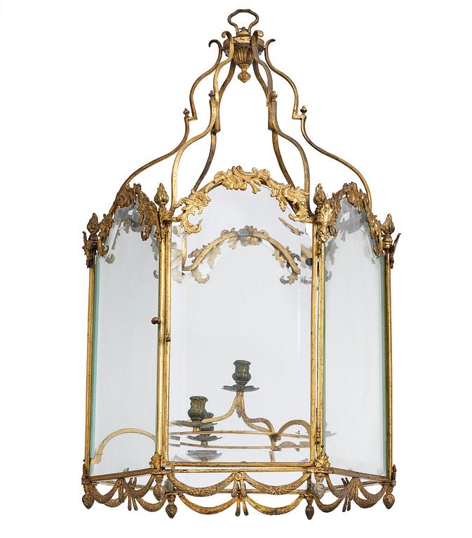 A fine Swedish rococo gilt-brass four-light lantern, Stockholm, later part of the 18th century.