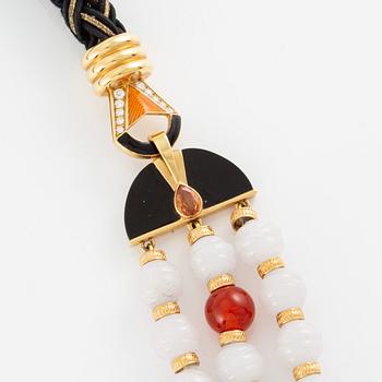 Lalique, necklace, "L'Oiseau de Feu", 18K gold with fire opal, sapphires, and diamonds on black jade.