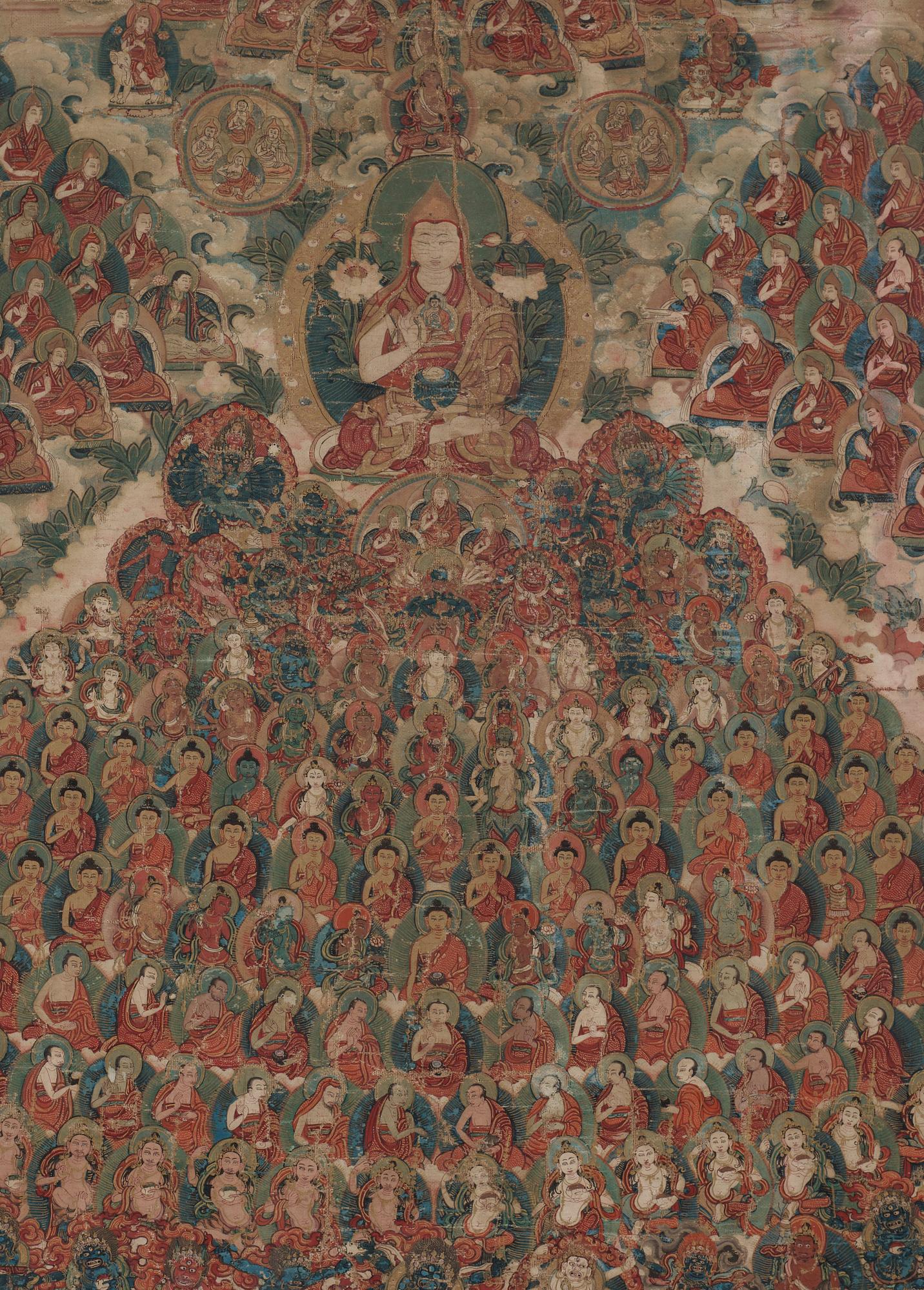 A Tibetan Thangka of Tsong Khapa and the Gelugpa Refuge Tree, presumably 19th Century.