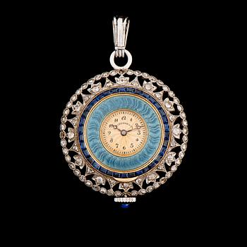 A PENDANT / POCKET WATCH, 18K gold, enamel, sapphires, diamonds. Tiffany & Co., 1900-1910.