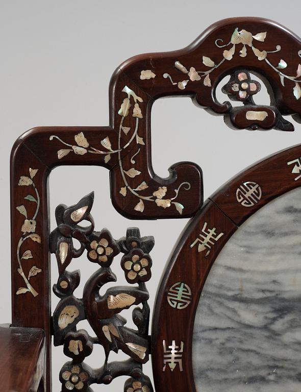 A pair of chinese hardwood and stone armchairs, first half of 20th Century.
