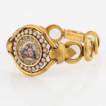 Armband, 18K guld, pärlor och emalj, Gustaf Adolf Strömbäck (1841-1870) Helsingfors.