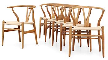 A set of six Hans J Wegner oak chairs by Carl Hansen & Son, Danmark, 1950-60-tal.