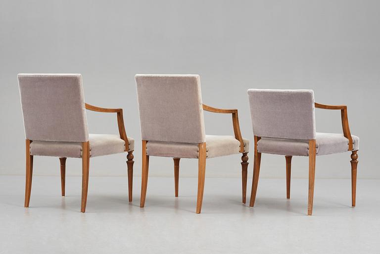 Swedish Grace, 4 chairs + 2 + 1 with armrests, reportedly a win from the Stockholm Cabinetmakers association lottery.