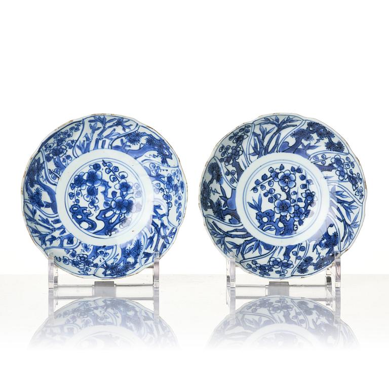 A set of 12 blue and white 'three friends of winter' dishes, Tianqi/Chongzhen, mid 17th century.