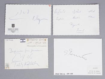 SAMLING AUTOGRAFER, ISRAEL, 20 st, mest politiker och militärer, bla President Ephraim Katzir, 1900-talets andra hälft.