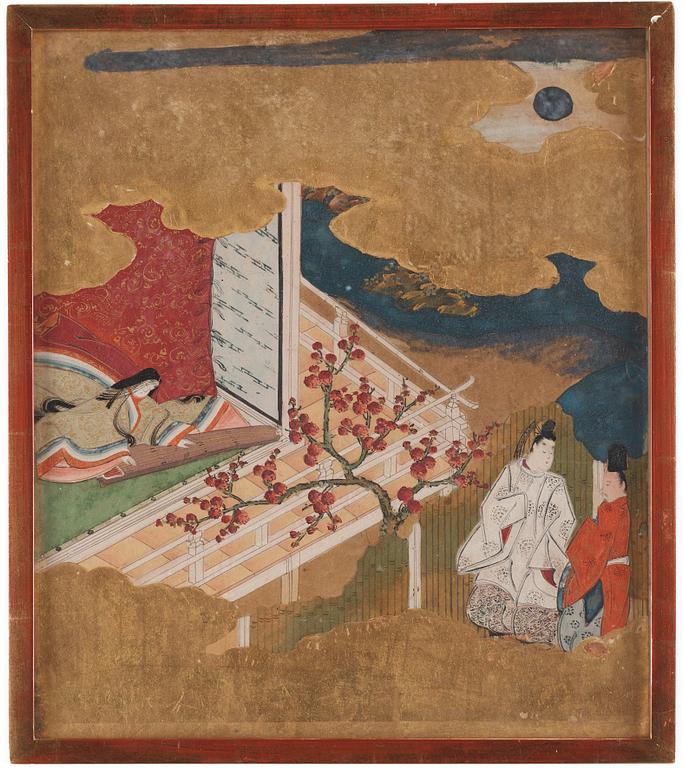 Målningar, fyra stycken av okänd konstär, akvarell och tusch på papper. Japan, Kyoto, 17/1800-tal,