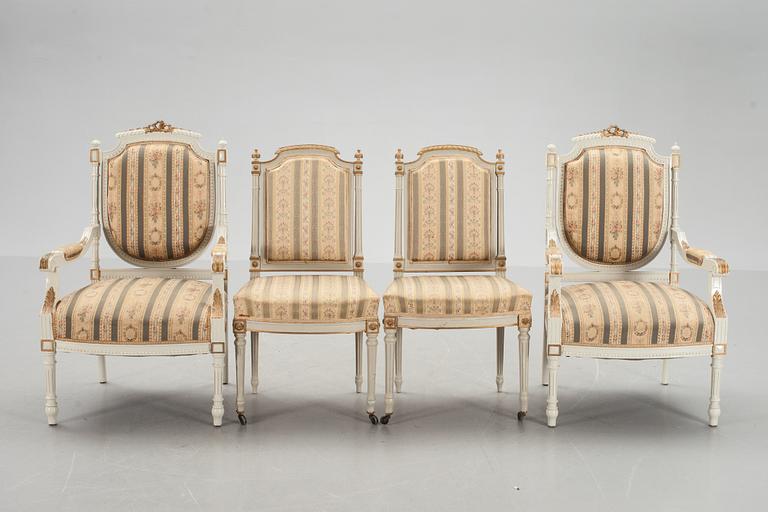 KARMSTOLAR, ett par samt STOLAR, ett par, Louis XVI stil. 1900-talets början.
