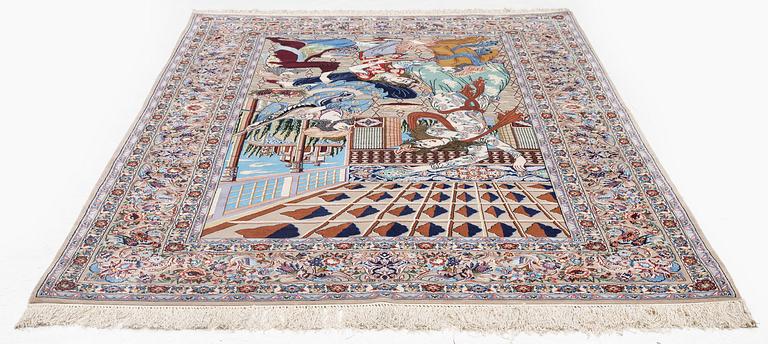 A pictoral Isfahan rug, part silk, c. 241 x 155 cm.