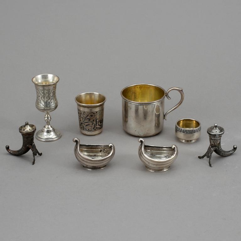 PARTI SILVER, 8 delar, bla Ryssland, sent 1800-tal till 1900-talets andra hälft. Vikt tot ca 307 gram.