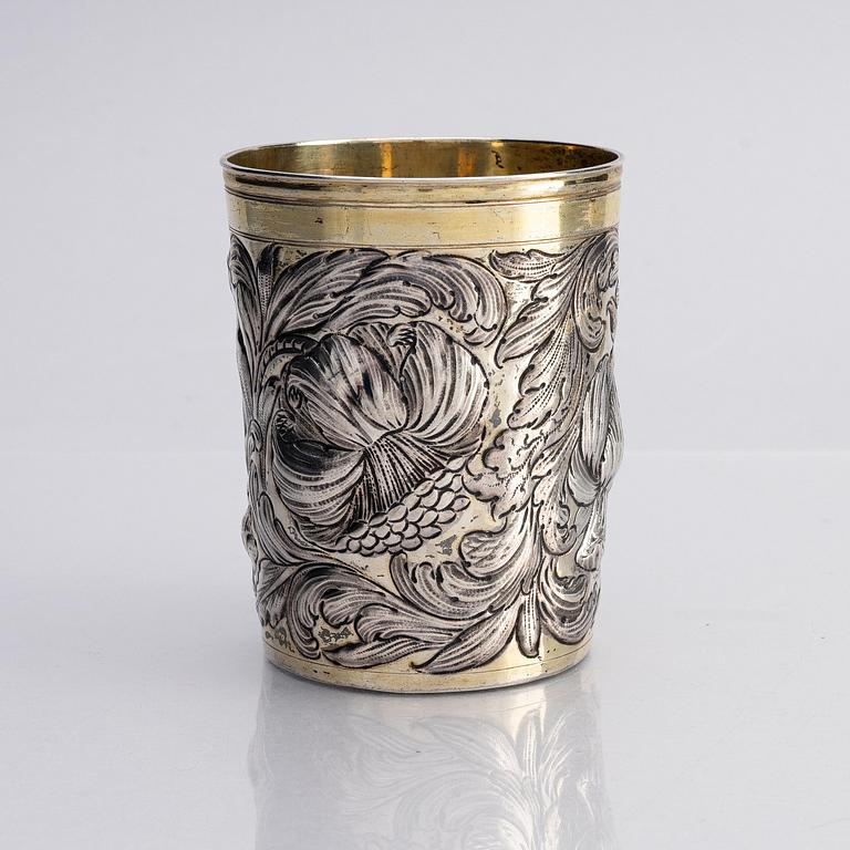 A German parcel-gilt silver beaker, mark of Abraham Grill, Augsburg (active 1672-1682).