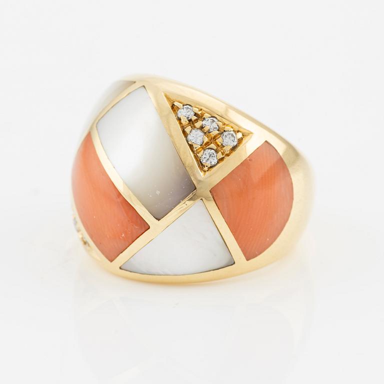 Ring, 18K gold with coral, mother-of-pearl, and brilliant-cut diamonds, Italy.