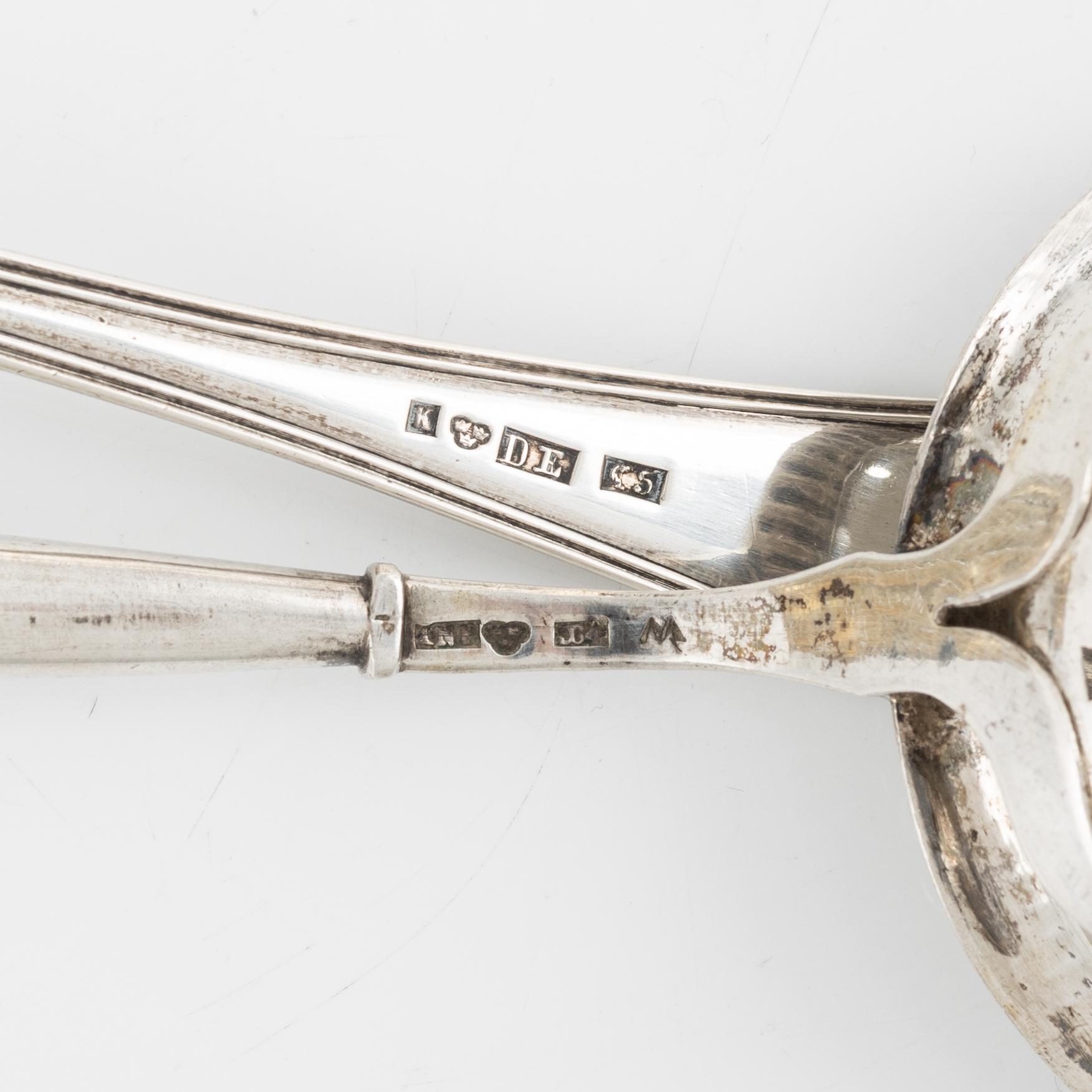 Two Swedish Silver Sprinkle Spoons and Two Dishes.