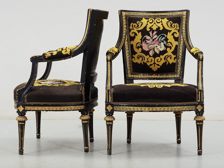 A pair of Gustavian late 18th Century armchairs, by E. Ståhl.