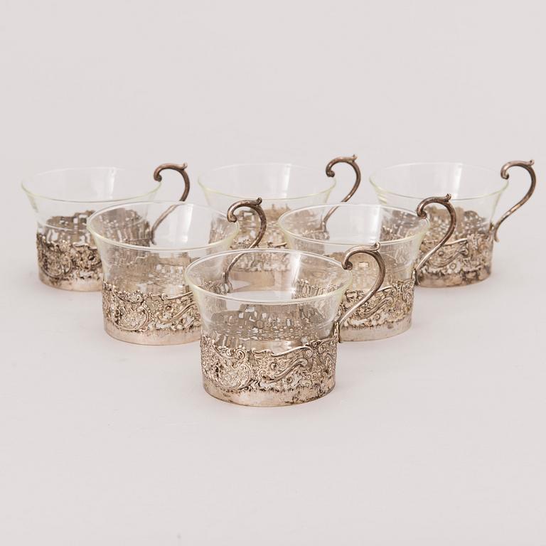 Set of six silver and glass tea cup holders, Finnish import marks 1965.