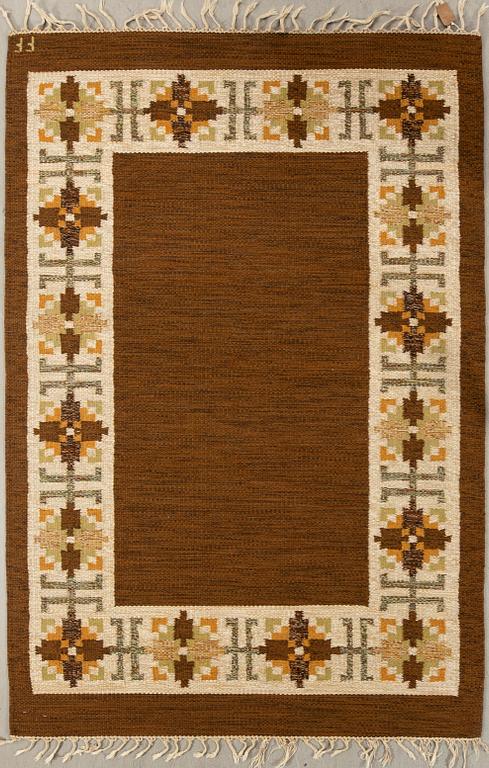 Rug flat weave signed FF (Swedish design: the company AB Fredrik Fiedler) woven in Portugal, approximately 202x136 cm.