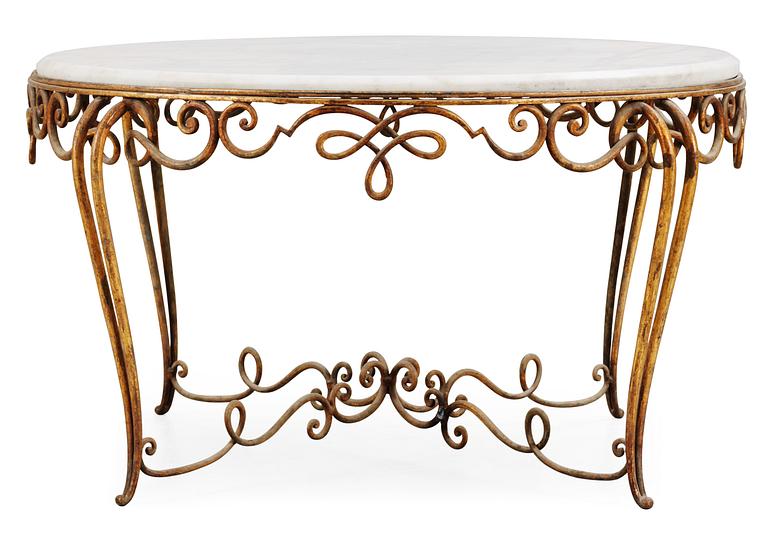 A marble top table with gilt metal base, attributed to René Drouet, France 1940's.