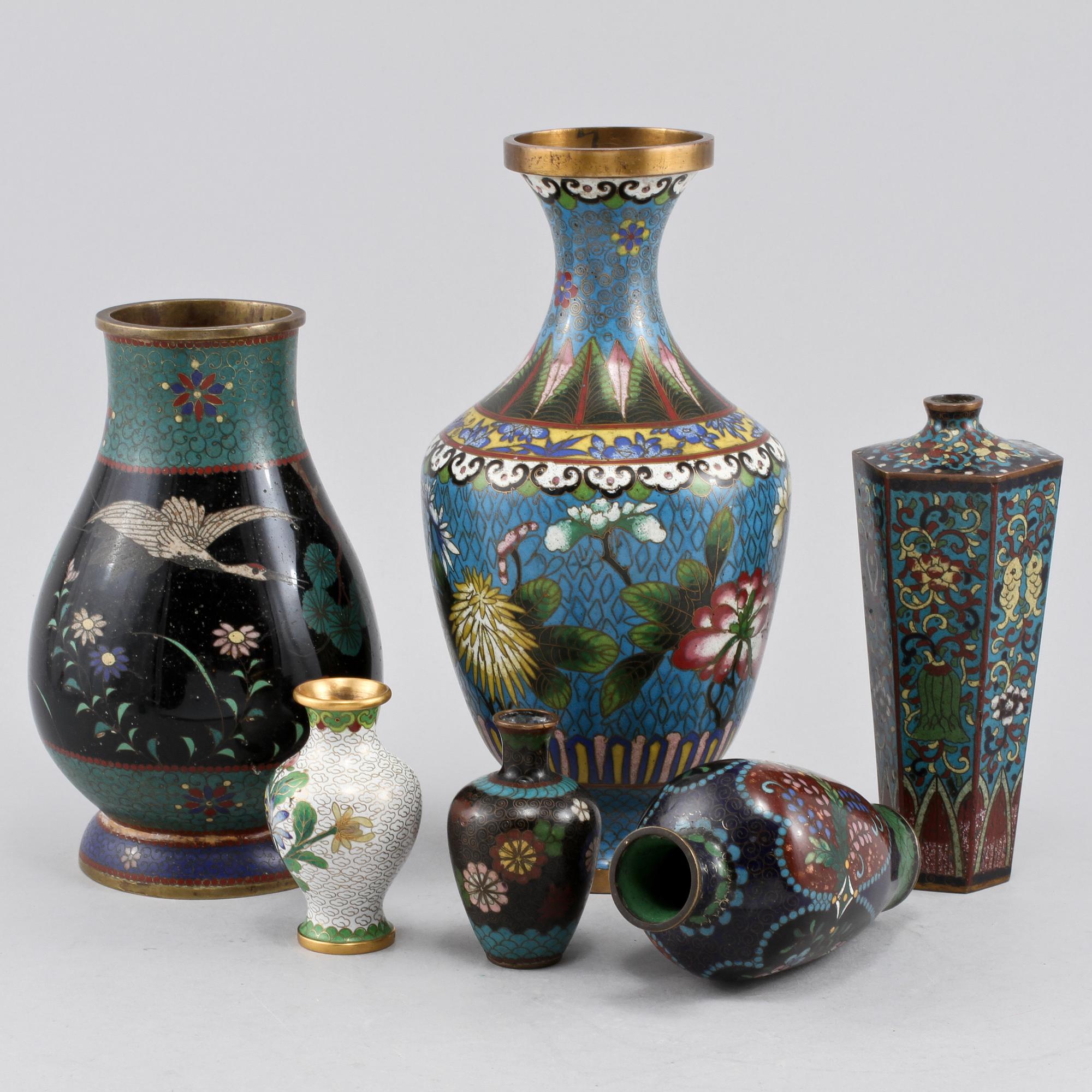 VASER, 6 st, cloisonné, orientaliska, 1900-tal.