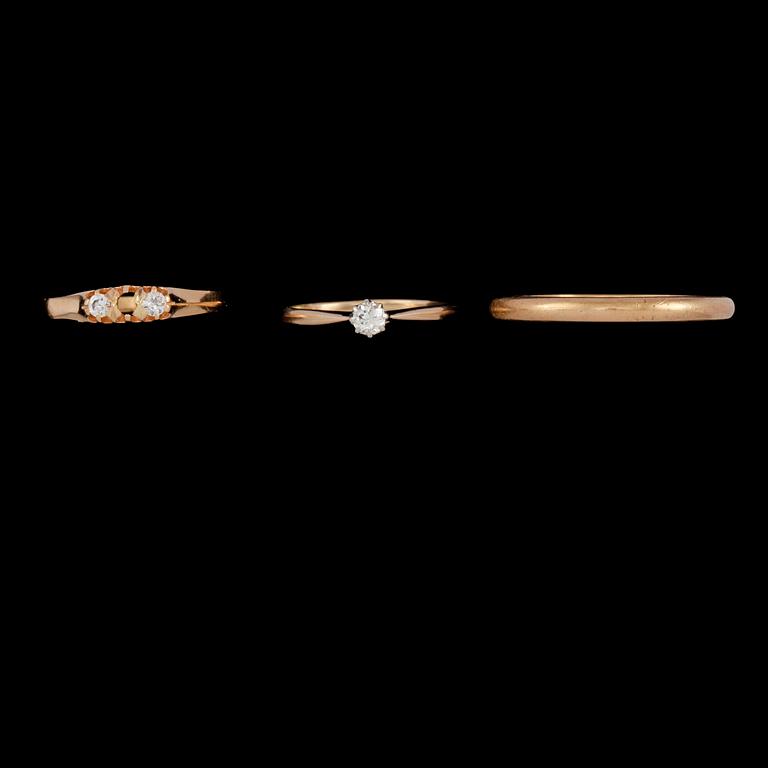 RINGAR, 3 st, 14 respektive 18k guld, delvis John Pettersons eftr, Stockholm, 1948. Total vikt 5 g.