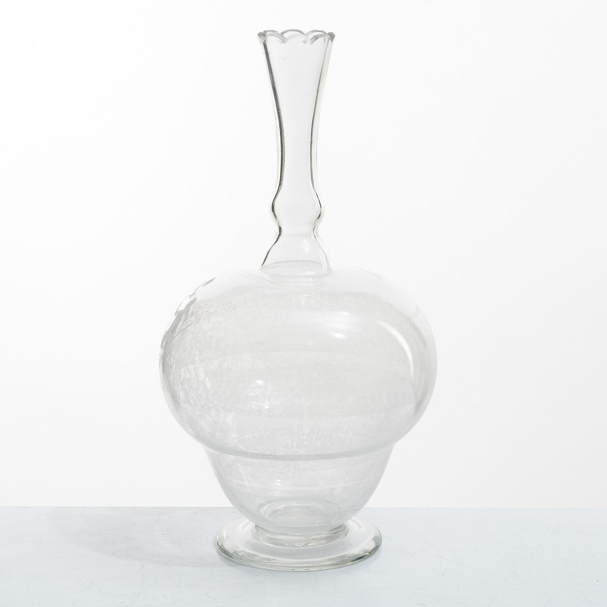 Carl Eldh, original drawings and an engraved glass decanter, Orrefors 1931.