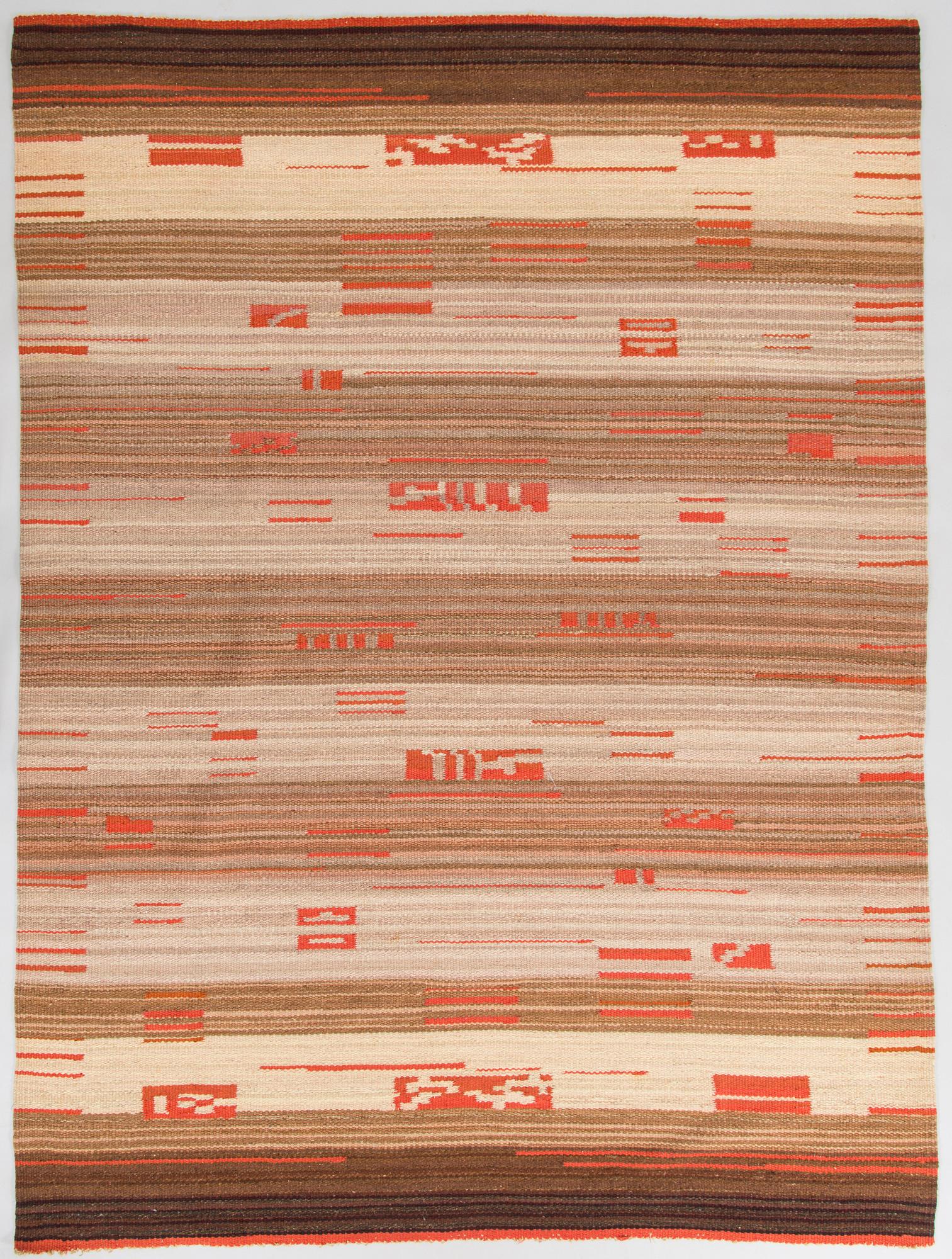 Margareta Ahlstedt-Willandt, a 1930s flat weave carpet for Aaltosen Mattokutomo Kiikka Finland. Circa 210 x 155 cm.