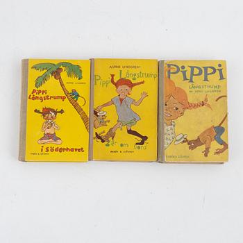 Three books, Astrid Lindgren, Pippi Longstocking, First editions, Rabén & Sjögren, Stockholm, 1945-48.