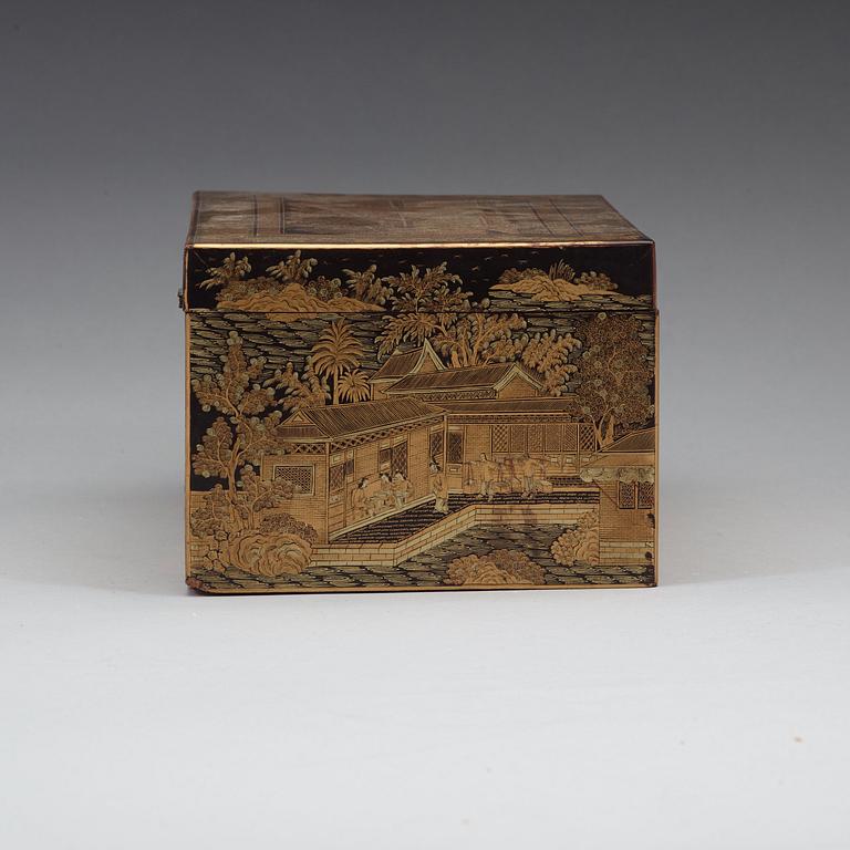 A Canton black lacquer box with cover, Qing dynasty, 19th Century.