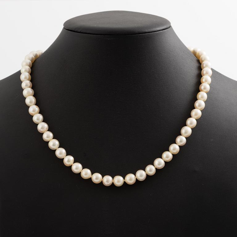 Necklace of cultured pearls with a cultured mabé pearl clasp in 18K gold.