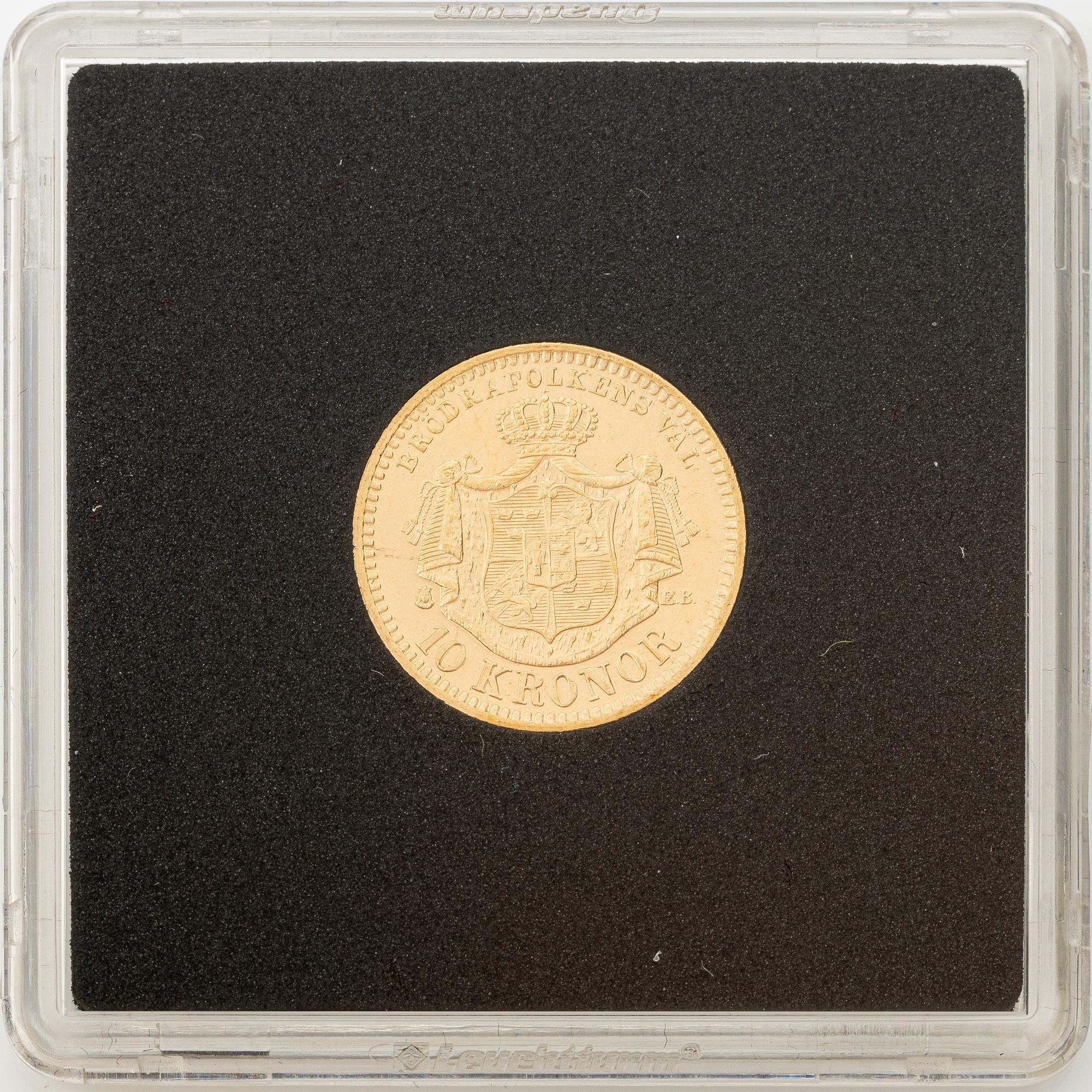 Gold coin, Oscar II, 10 kronor, type II, Sweden 1895.