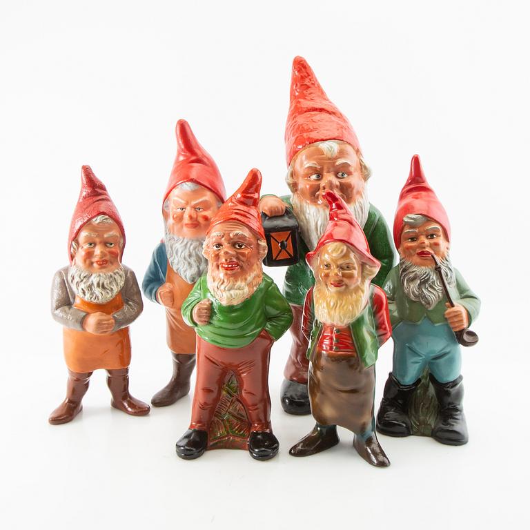 Gnomes 6 pcs mostly Germany mid/second half of the 20th century painted terracotta.
