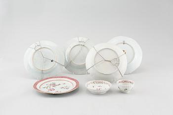 Five 18th century porcelain chinese dishes and one cup and saucer.