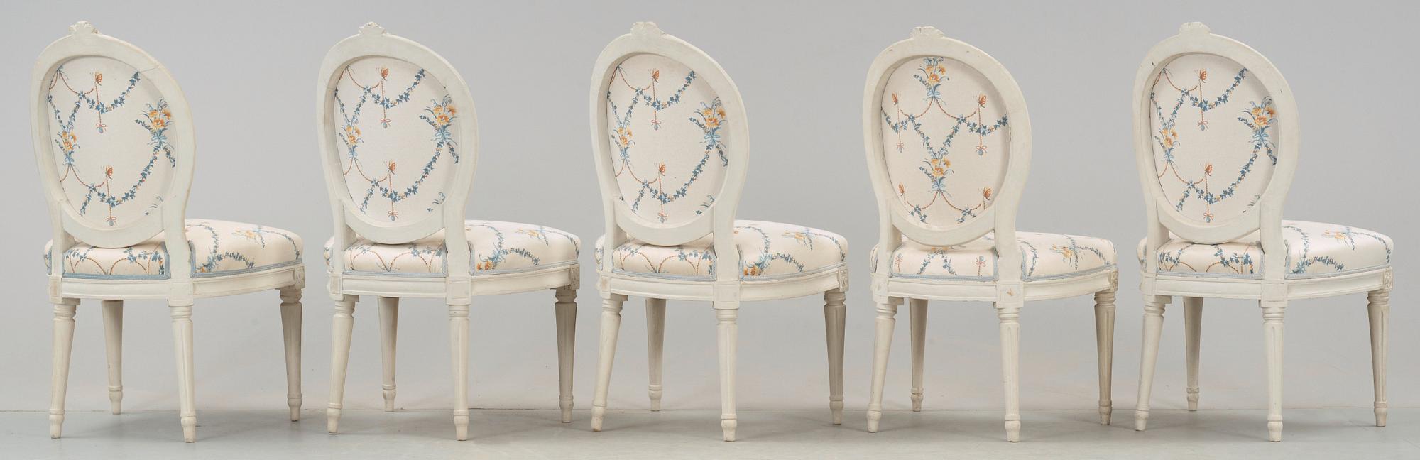 STOLAR fem stycken snarlika, av Jacob Malmsten (mästare i Stockholm 1780-1788). Gustavianska.