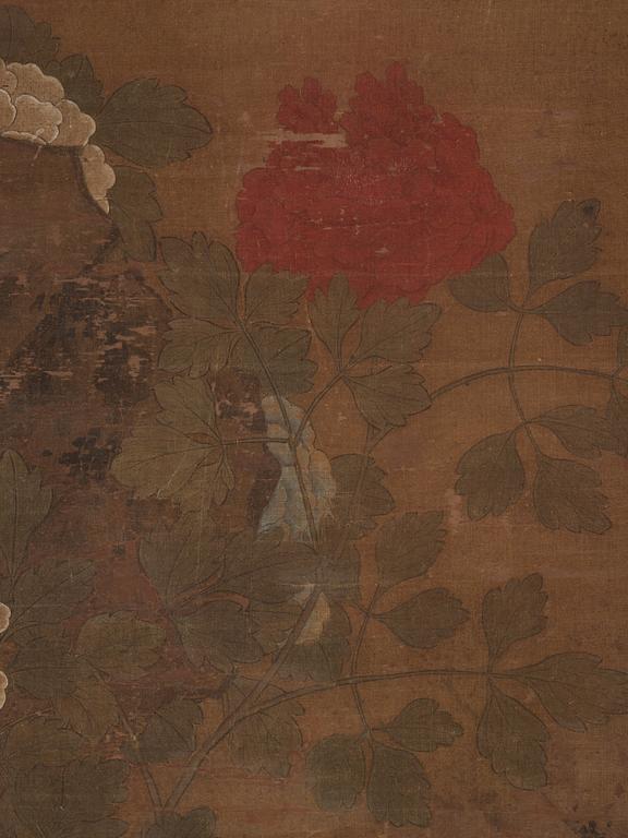 A scroll painting, ink and colour on silk laid on paper, by anonymous artist, late Ming/early Qing dynasty.