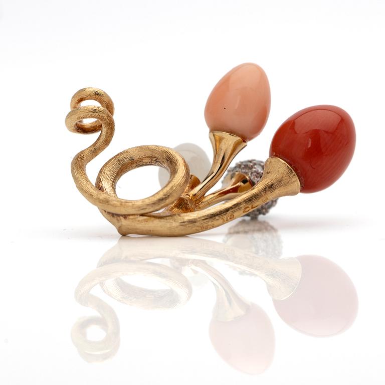 Ole Lynggaard, Pendant, 18K rose gold with red and pink coral, white moonstone and brilliant-cut diamonds, designed by Charlotte Lynggaard.