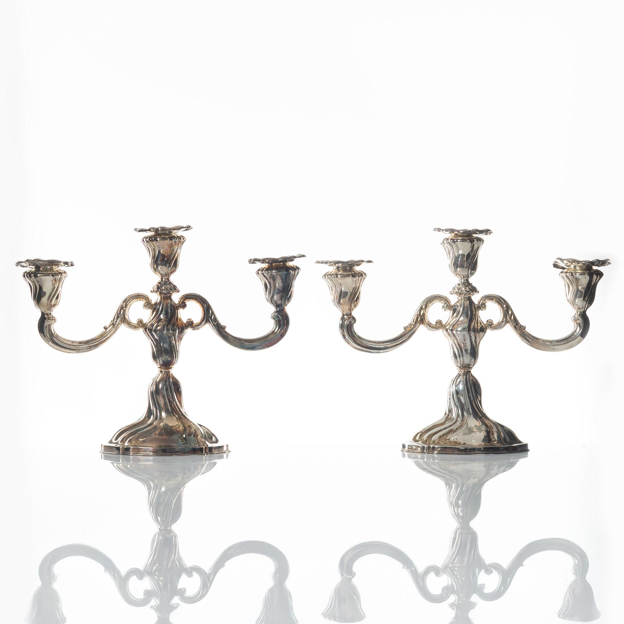 Bruckmann & Sohne, candelabras, a pair, silver, Rococo style, Heilbronn, Germany, 20th century, Swedish import mark.