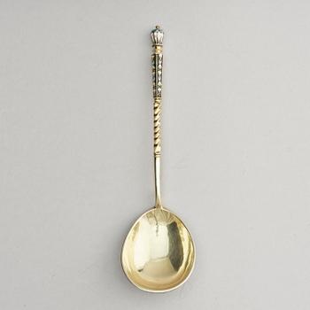 A Russian parcel-gilt cloisonné enamel spoon, maker's mark cyrillic possibly, GS for Grigory Spitnev, Moscow, 1908-1926.