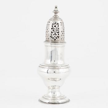 An English silver sugar shaker, marks of Benjamin Mordecai, London 1781.