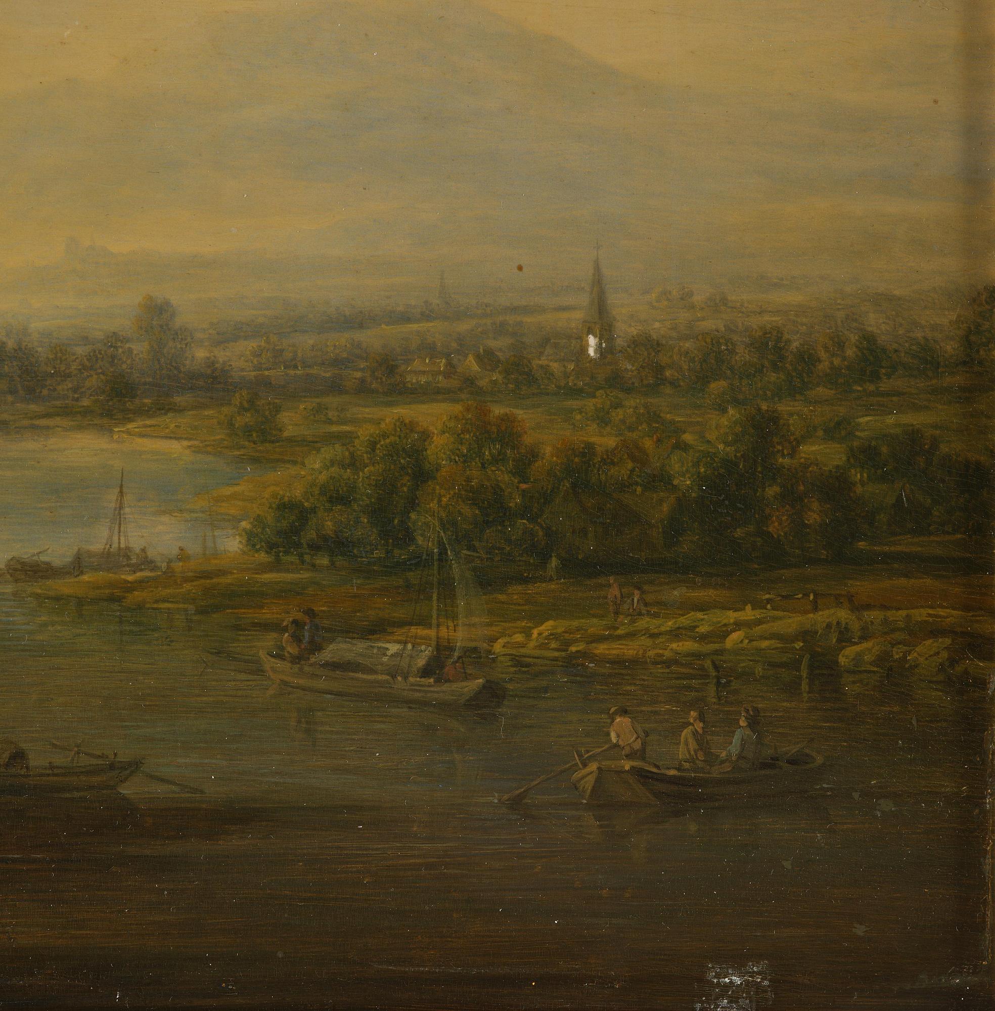 Christian Georg Schütz, Pastorala flodlandskap med figurer och båter, ett par.