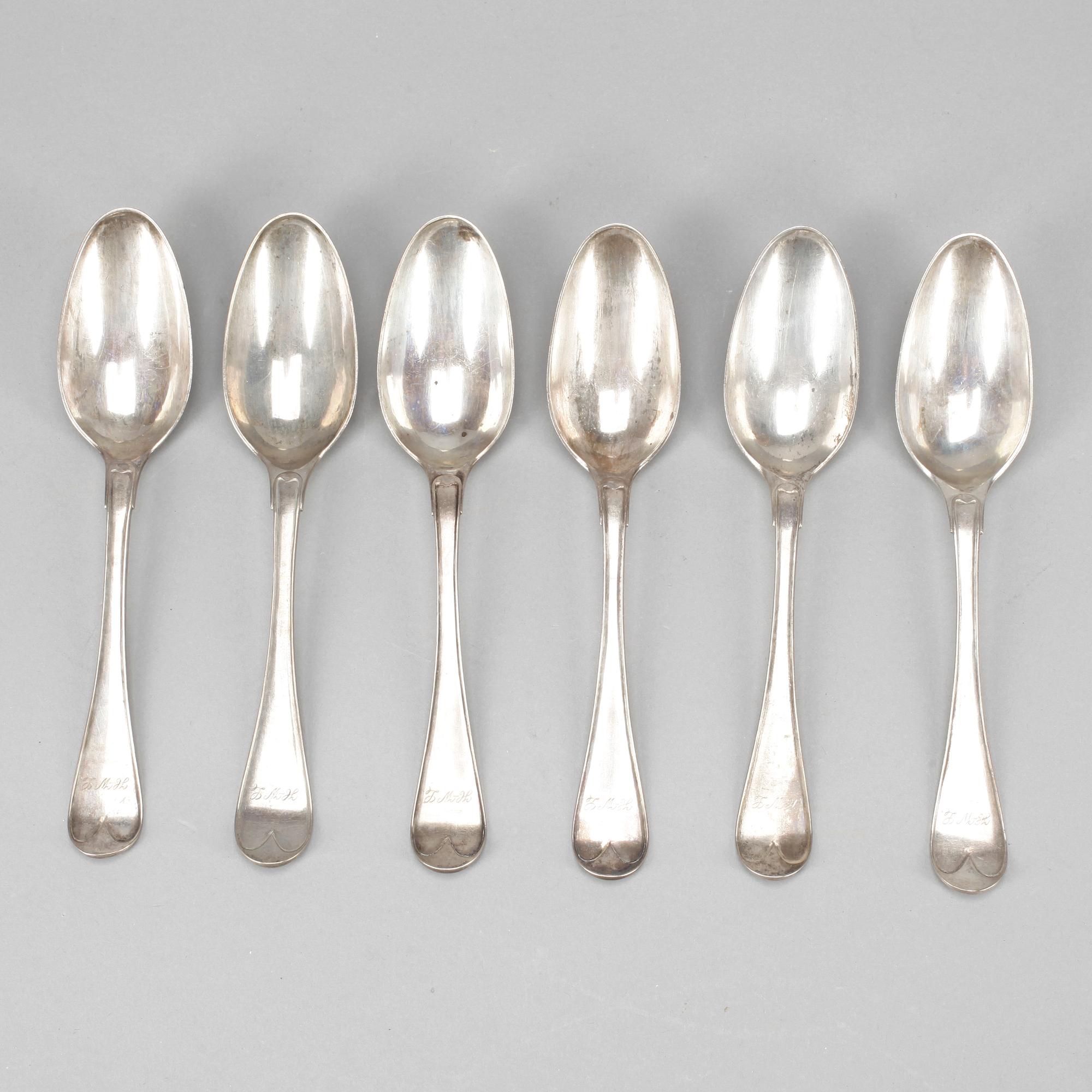 SKEDAR, 6 stycken, silver, Carl Fredric Borgström, Åbo, Finland, 1795. Total vikt ca 400 gram.