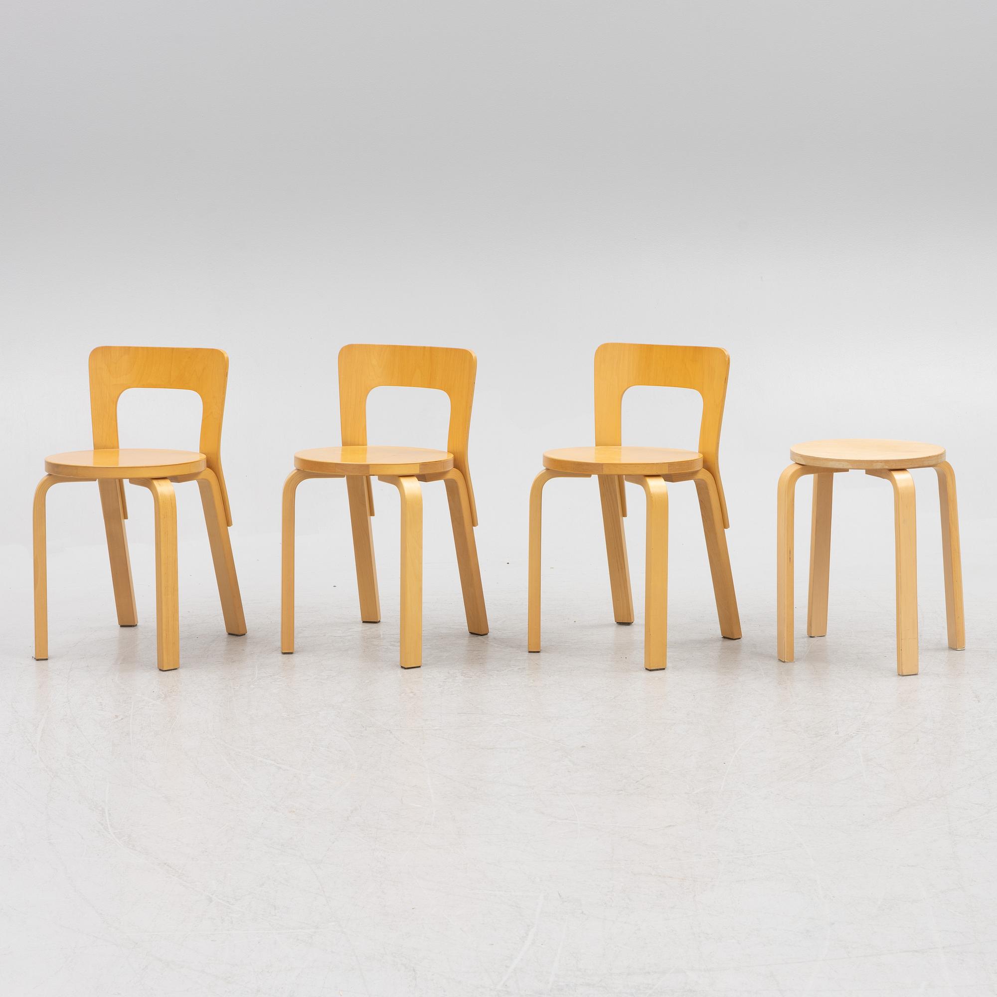 Alvar Aalto, A set of 3 model N65 chairs, and a model 60 stool, Artek, Finland, second half of the 20th century.