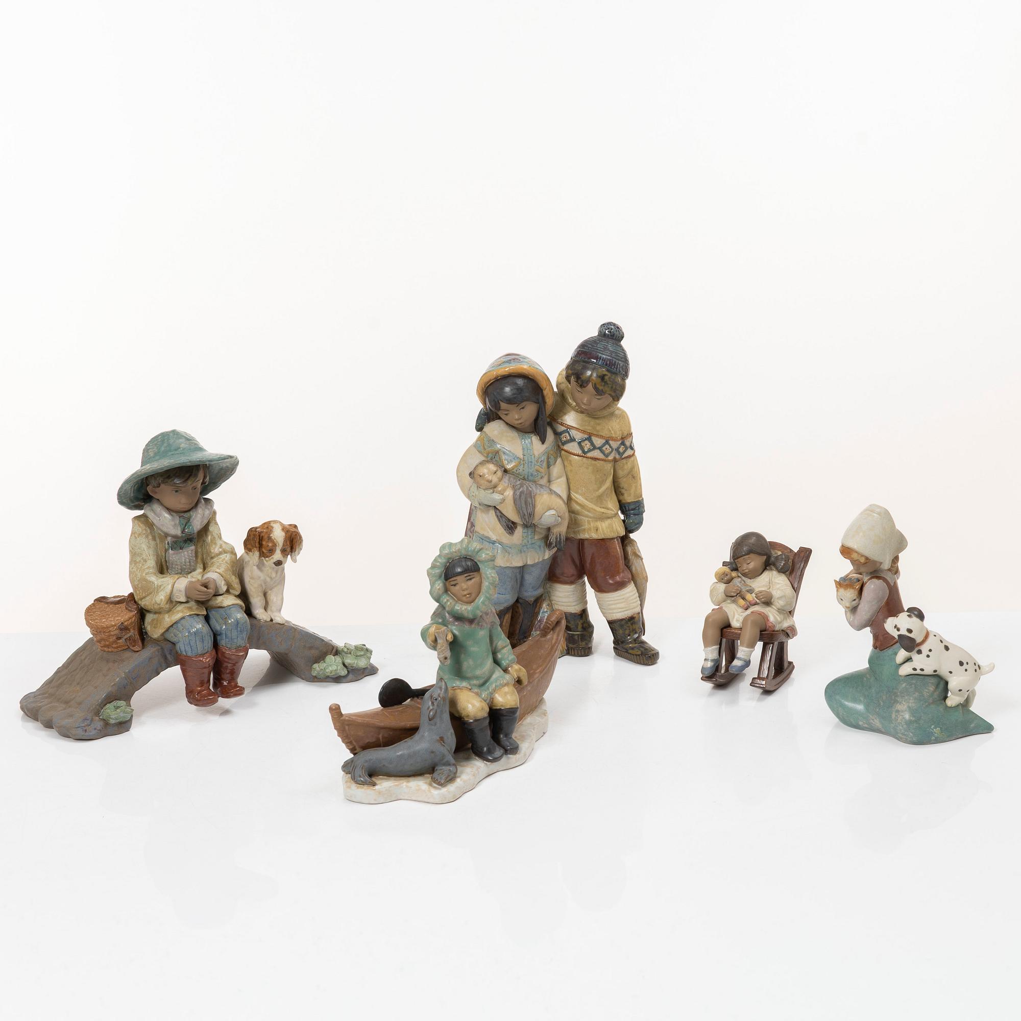 Lladró, five figurines, including "Arctic friends", "Arctic allies", "The old fishing hole", Spain.