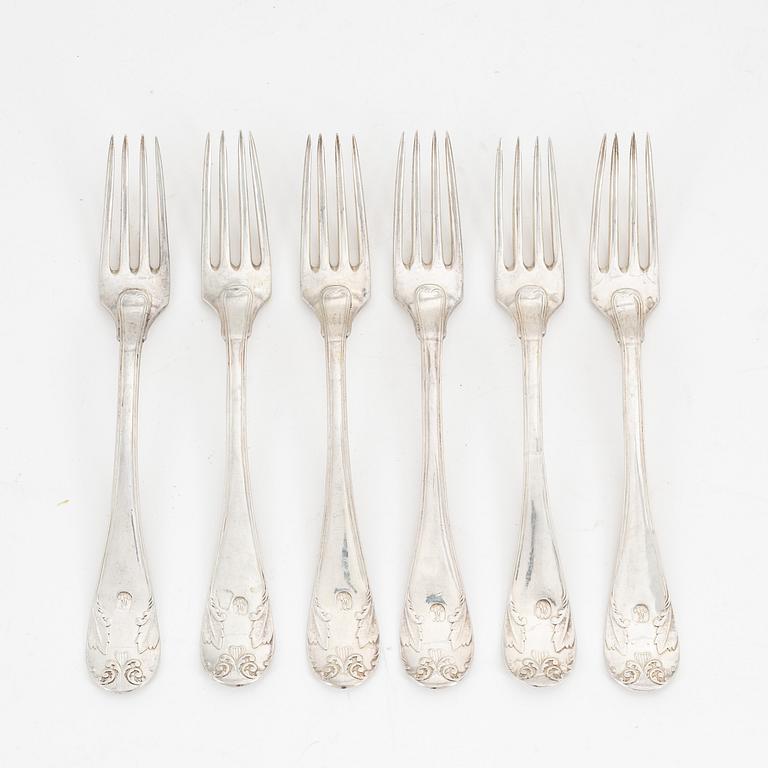 Six swedish silver forks, mark of Gustaf Folcker, Stockholm 1818.