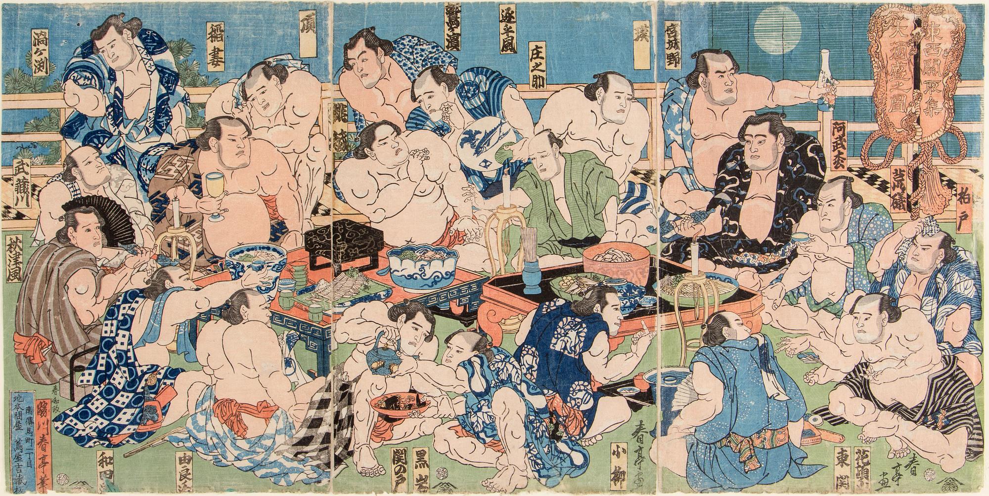 KATSUKAWA SHUNTEI II (?-1856), triptyk, färgträsnitt. Japan, omkring 1830. "Festande sumo-brottare".
